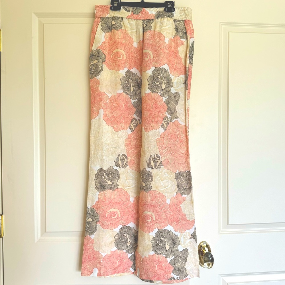 Joan Vass Floral Print Linen Pants Size Medium M Elastic Waist Wide Leg Pull On